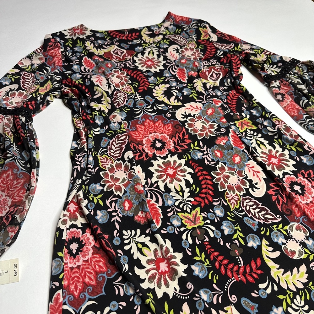 NWT Floral Hippie Strech Midi Longsleeved Dress -black red, lace puffer sleeve L - Picture 5 of 16